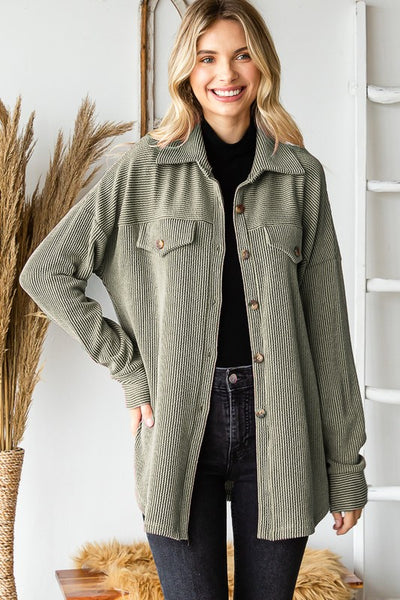 OLIVE RIBBED BUTTON DOWN