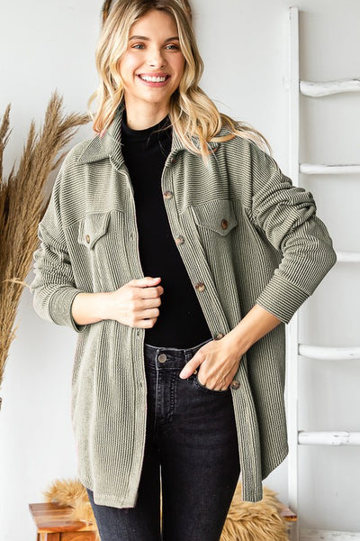 OLIVE RIBBED BUTTON DOWN
